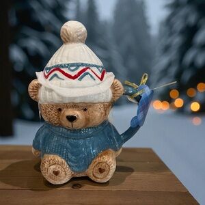 Home for the holidays teddy bear mug with a sweater and removable hat